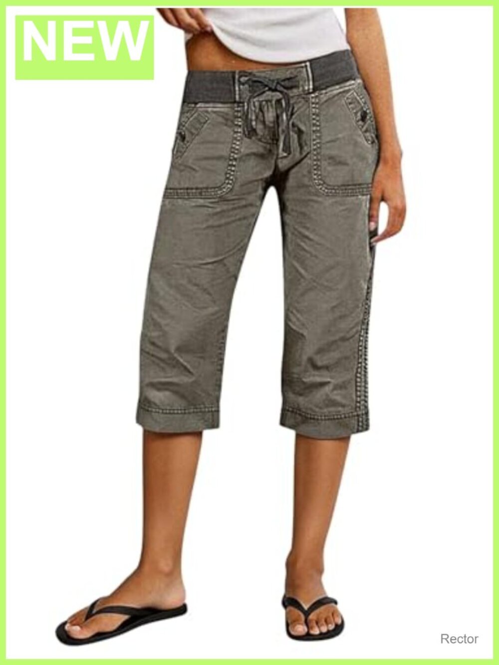 Straight Leg High Waist Capri Drawstring Pants Cotton Stretch